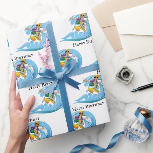 Papier Cadeau Surfer d'anniversaire sur la vague bleue (Cadeaux)