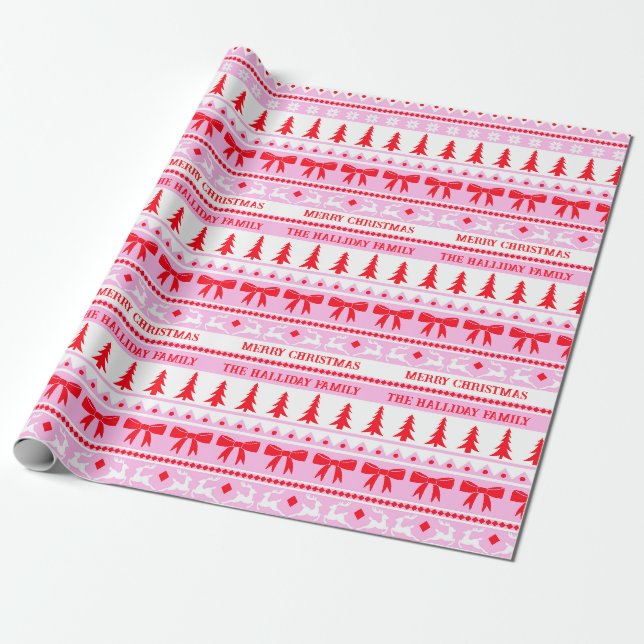 Papier Cadeau Sweat moche de Noël Nom de famille rose et rouge (Déroulé)