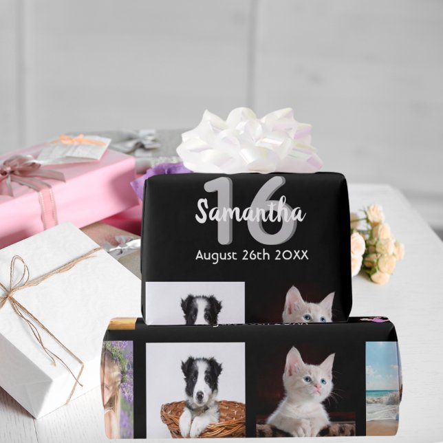 Papier Cadeau Sweet 16 noir argent collage photo (Créateur téléchargé)