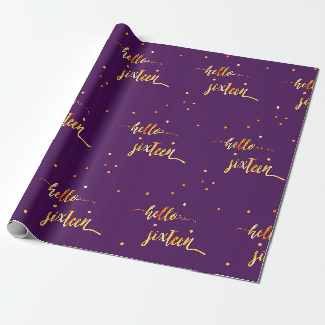 Papier Cadeau Sweet 16 or violet bonjour seize script (Déroulé)