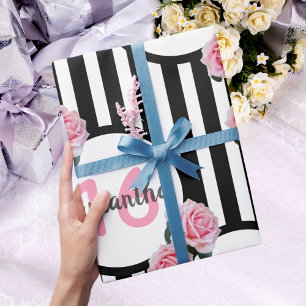 Papier Cadeau Sweet 16 roses rose chic noir rayures blanches