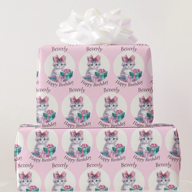 Papier Cadeau Sweet Kitten Big Pink Bow Ajouter Anniversaire Nom (Créateur téléchargé)