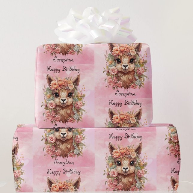 Papier Cadeau Sweet Llama Birthday Girl Ajouter Nom Alpaca rose (Créateur téléchargé)