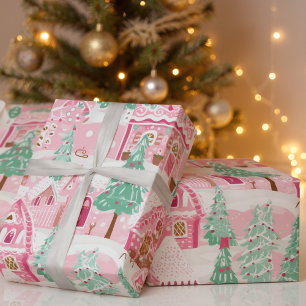 Papier Cadeau Sweet Pastel Pink Gingerbread Village Noël