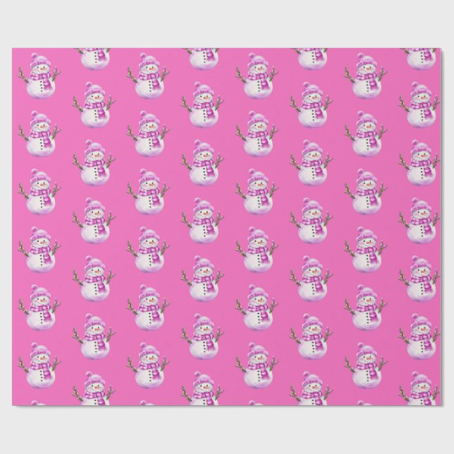 Papier Cadeau Sweet Pink White Snowman Christmas  (Plat)