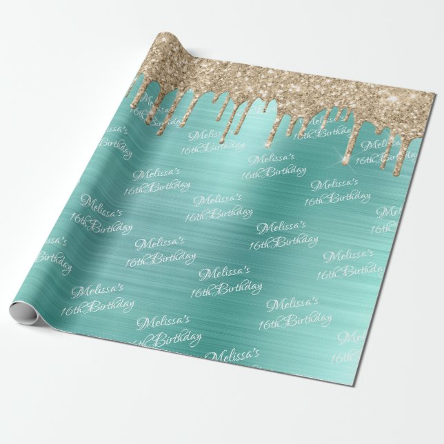 Papier Cadeau Sweet Seizième Anniversaire Turquoise Parties scin (Déroulé)