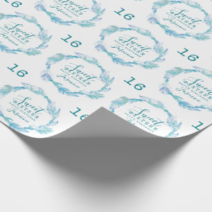 Papier Cadeau Sweet sixteen plume perles aqua blanc aquarelle