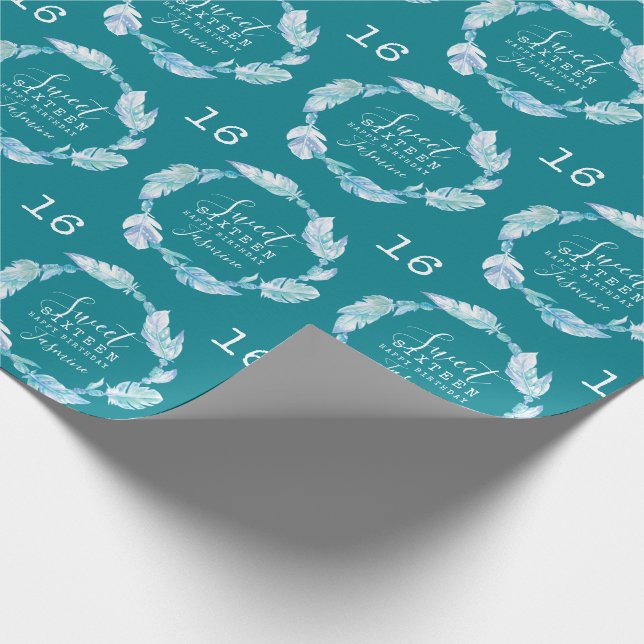 Papier Cadeau Sweet sixteen plumes et perles aqua aquarelle (Coin)