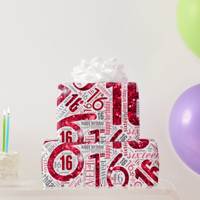 Papier Cadeau Sweet sixteen Sparkle Word Cloud Rouge Blanc ID265 (Cadeaux de fête)