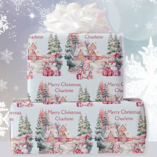 Papier Cadeau Sweet Snowmen in Pastels Ajouter Nom de la fille N