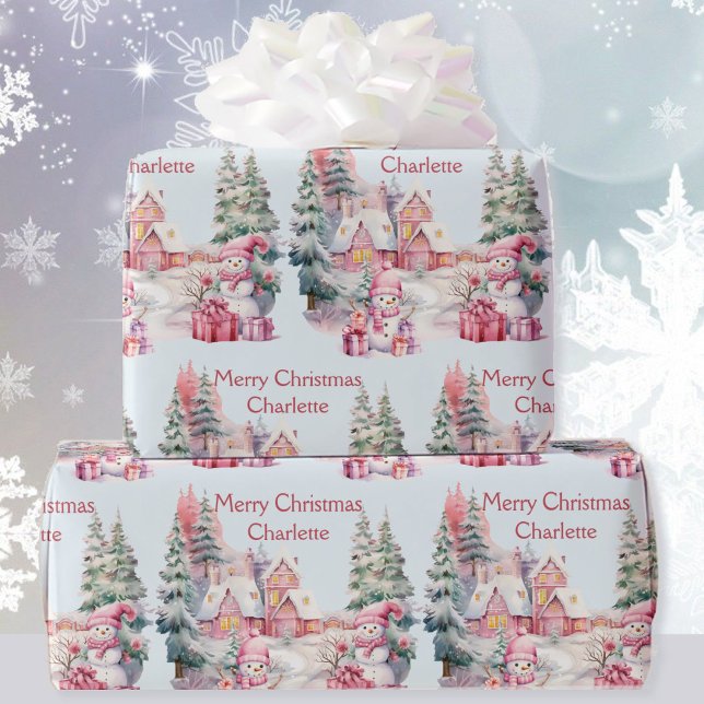 Papier Cadeau Sweet Snowmen in Pastels Ajouter Nom de la fille N (Créateur téléchargé)