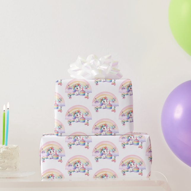 Papier Cadeau Sweet Unicorn Aquarelle rose fille premier anniver (Cadeaux de fête)
