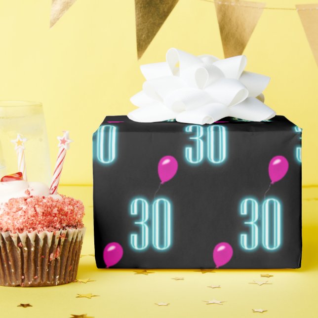 Papier Cadeau Symbole du néon du 30e anniversaire avec ballon (Fête d'anniversaire)