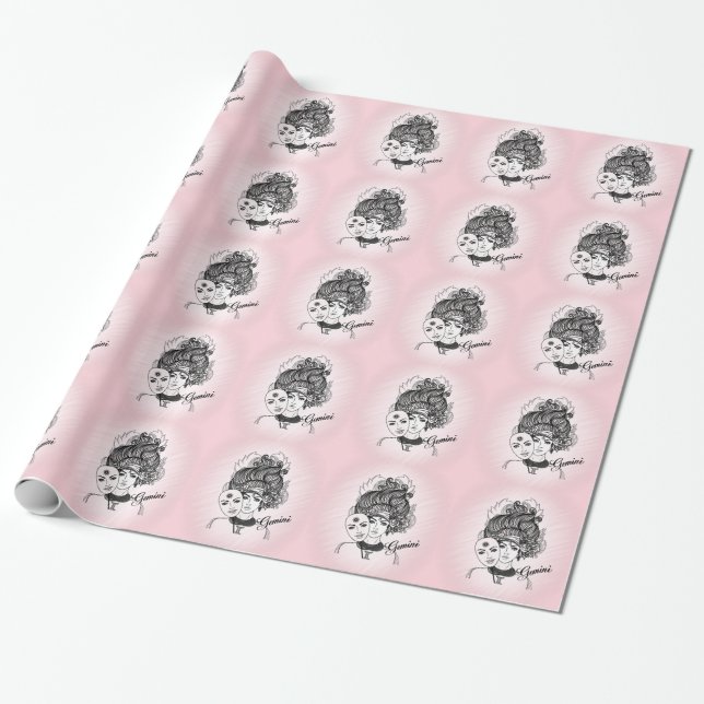 Papier Cadeau Symbole et signe du zodiaque Gemini rose (Déroulé)