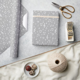 Papier Cadeau Symboles de musique gris et blanc Enveloppement Pa