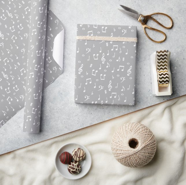 Papier Cadeau Symboles de musique gris et blanc Enveloppement Pa (Artisanat)