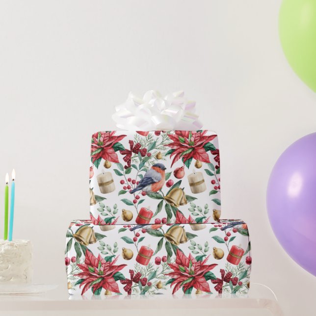 Papier Cadeau Symboles de Noël avec Poinsettia avec Robin Rouge (Cadeaux de fête)