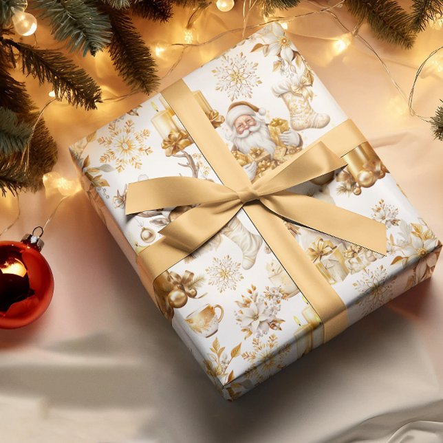 Papier Cadeau Symboles de Noël or et blanc Papier d'enveloppemen (Créateur téléchargé)