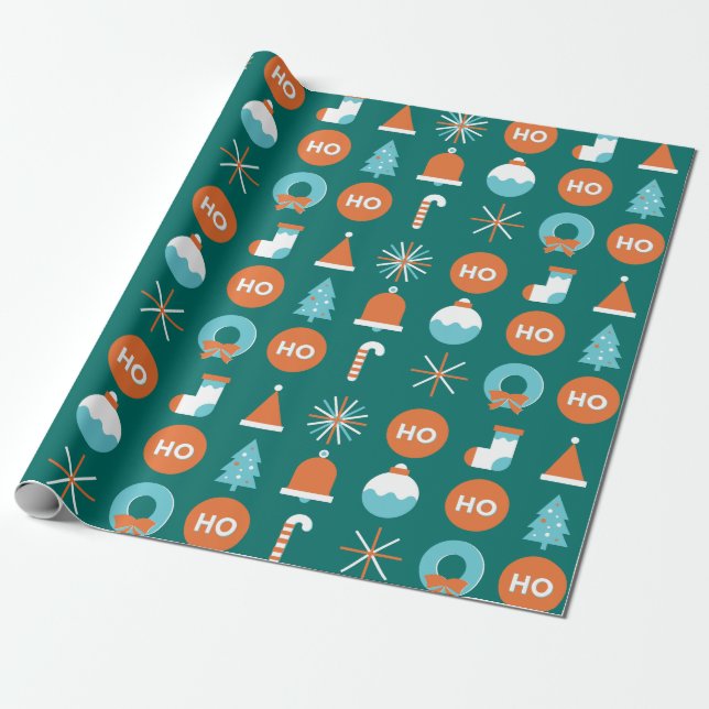 Papier Cadeau Symboles de Noël vert et orange moderne Motif (Déroulé)