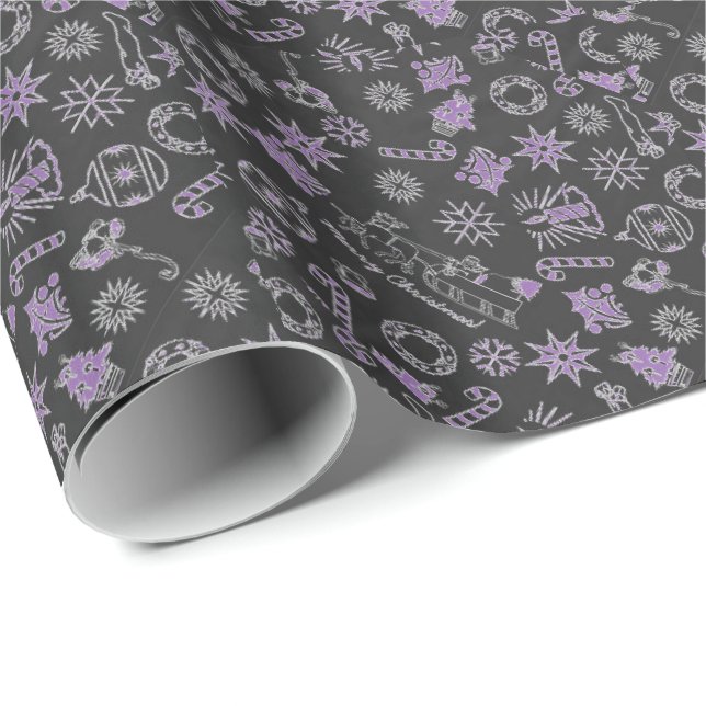 Papier Cadeau Symboles Joyeux Noël noir violet Père Noël (Coin rond)