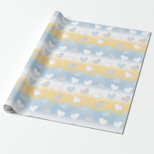 Papier Cadeau Sympathique Jaune, Blanc et Bleu Coeur Motif