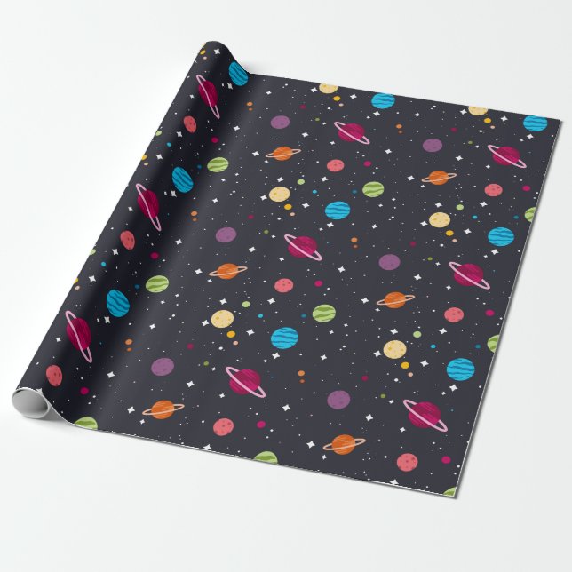 Papier Cadeau système solaire en noir (Déroulé)