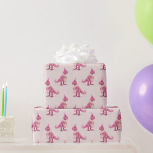 Papier Cadeau T-Rex dinosaure rose mignon avec boa et chapeau de