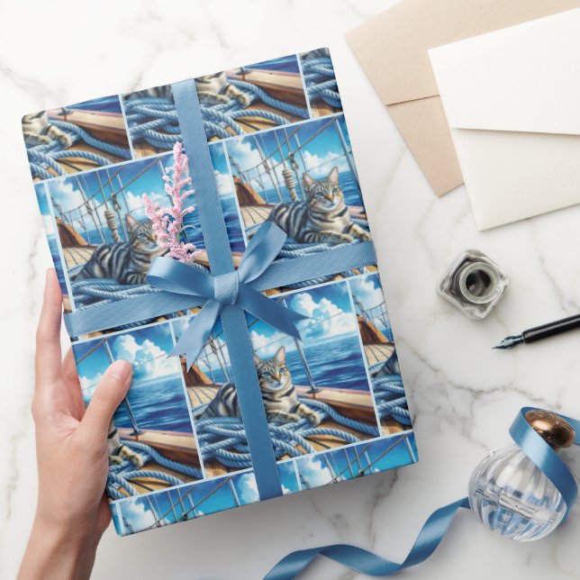 Papier Cadeau Tabby Nautique Chat Sur Les Cordes De Bateau (Cadeaux)