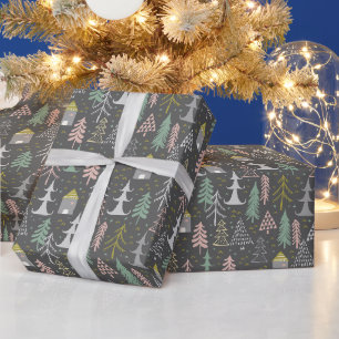 Papier Cadeau Tableau noir Arbres de Noël et Maisons Jaune rose