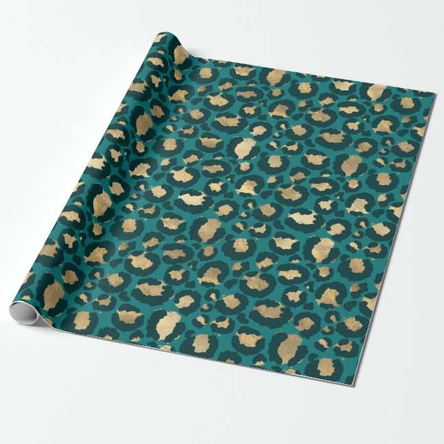 Papier Cadeau Taches de léopard sarcelle et or (Déroulé)