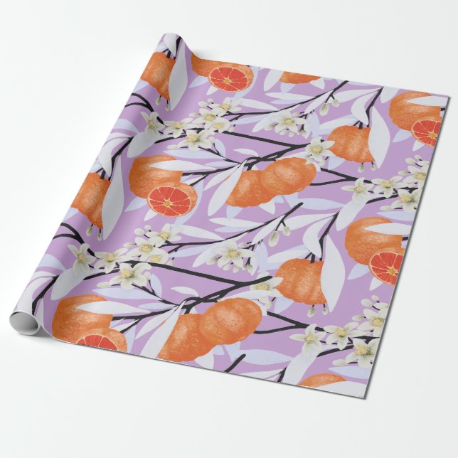 Papier Cadeau Tangerine Agrumes Branches florissantes Lilac flor (Déroulé)