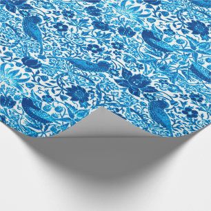Papier Cadeau Tapisserie Art Nouveau Oiseau et Fleur, Bleu & Bla