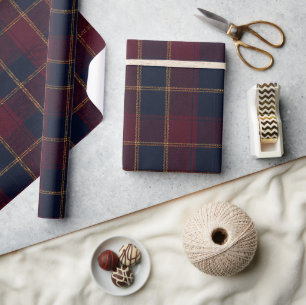 Papier Cadeau Tartan Luxueux Bourgogne, Nuit et Or