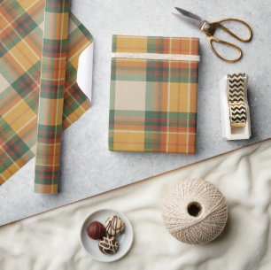 Papier Cadeau Tartan Orange, Vert et Crème Cozy