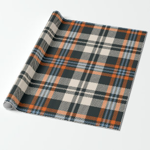 Papier Cadeau Tartan plaid automne motif en noir, orange, bleu