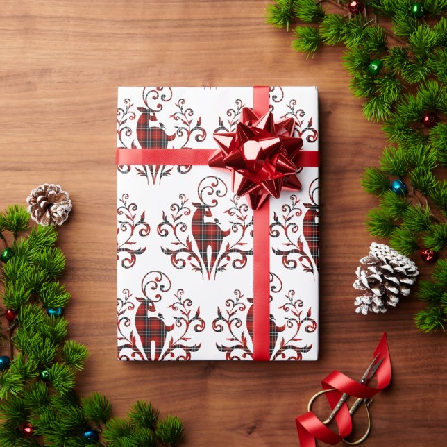 Papier Cadeau Tartan Plaid Deer Design sur blanc (Cadeau de vacances)