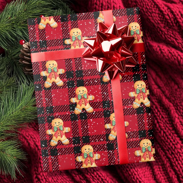 Papier Cadeau Tartan Rouge Pain d'épice noir Snowfall Noël (Tartan Red Black Gingerbread Snowfall Christmas Wrapping Paper)