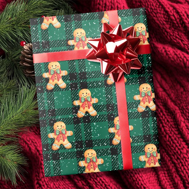 Papier Cadeau Tartan vert Pain d'épice noir Snowfall Noël (Tartan Green Black Gingerbread Snowfall Christmas Wrapping Paper)