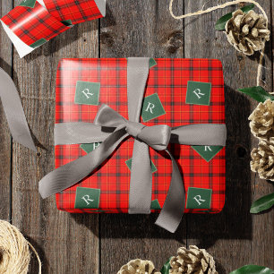Papier Cadeau Tartelan de Noël rouge et vert patiné Monogramme