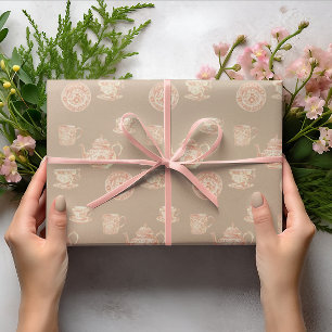 Papier Cadeau Tasses assiettes pots à thé en blanc et pêche en c