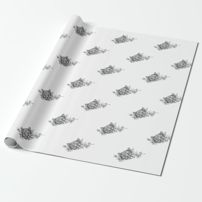 Papier Cadeau Tatouage principal de fleur de jasmin de chat (Déroulé)