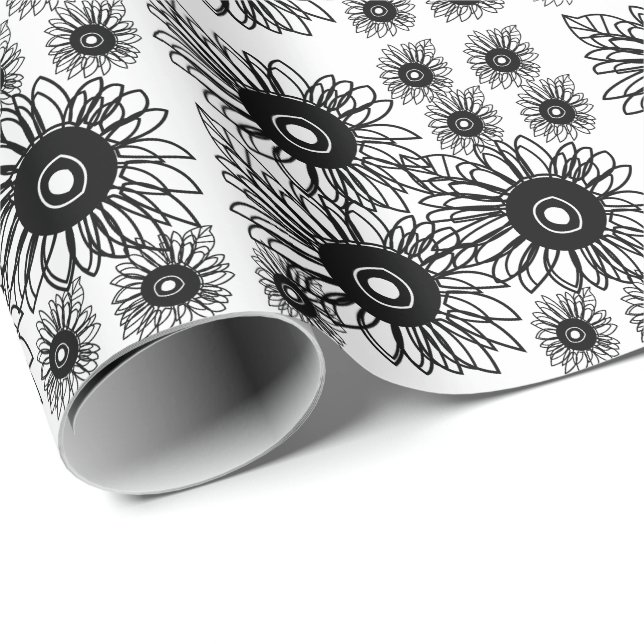 Papier Cadeau Tatouage Tournesol Floral Noir Blanc Tatouage Fleu (Coin rond)