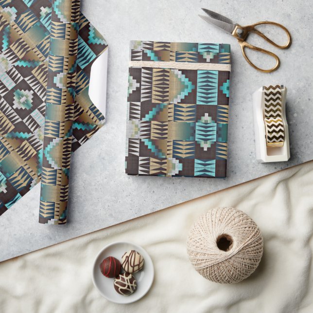Papier Cadeau Taupe Brown Beige Aqua Turquoise Blue Tribe Art (Artisanat)