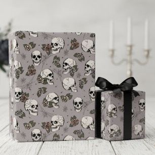 Papier Cadeau Taupe crânes gothiques et fleurs Roses
