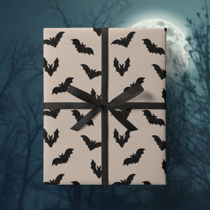 Papier Cadeau Taupe Noir Chauves-Souris Hantées Halloween Vintag