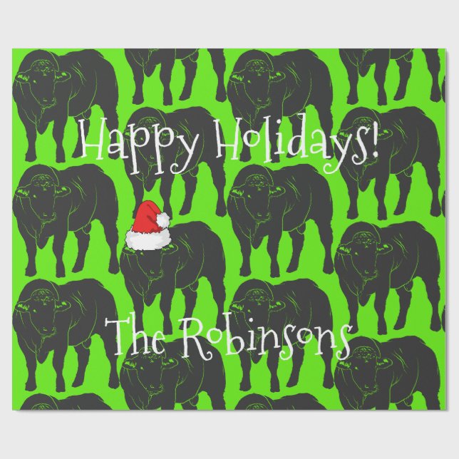 Papier Cadeau Taureaux noirs d'Angus et Noël rouge de casquette (Plat)