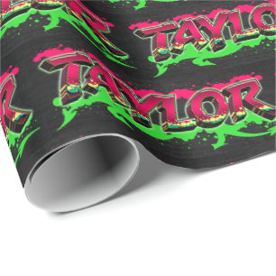 Papier Cadeau Taylor prénom nom Graffiti rouge vert