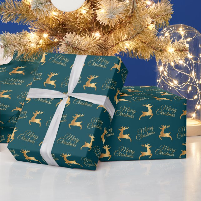 Papier Cadeau Teal and Gold Christmas Reindeers (Vacances)