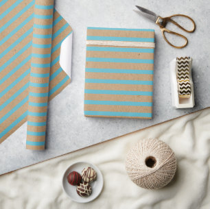 Papier Cadeau Teal Blue Green Lines Faux Brun Kraft Rustique