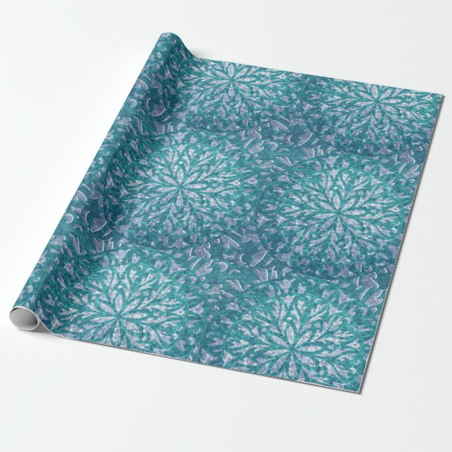 Papier Cadeau Teal et damassé de flocon de neige d'Aqua (Déroulé)